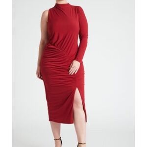 NWT ELOQUII Asymmetrical One Shoulder Ruched Midi Dress Red Slit Plus Size 24